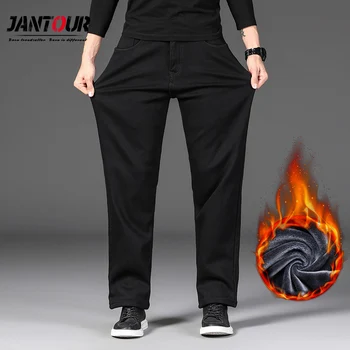 Zimowe spodnie jeansowe męskie bawełna wysokiej jakości gruby polar temat bezpośrednie ciepłe, elastyczne jeansowe czarne spodnie Męskie duży rozmiar 30 do 42 44