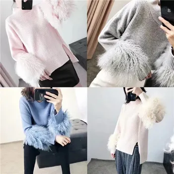 Znane marki Damskie swetry z rękawami z naturalnego futra jagnięcego duży rozmiar sweter Harajuku oversize Jersey z pereł