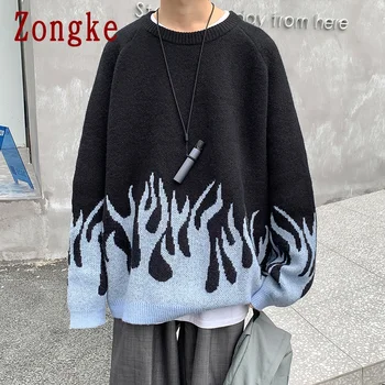 Zongke Flame Print sweter z dzianiny odzież Męska Harajuku swetry sweter męski sweter moda odzież Męska M-2XL 2021