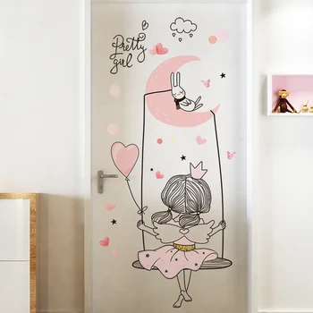 [shijuekongjian] Cartoon Girl Wall Stickers DIY Chaotic Grass Plants Mural Decals for Kids Pokoi Baby Bedroom House Decoration