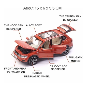1/32 Tiguan L Alloy Car Model Toy Brown Simulation Off-road Vehicle Suv 6 drzwi otwierają się z muzyką i światłem Pull Back Function
