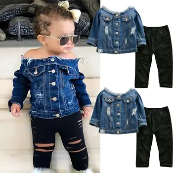 1-6 Y Fashion Kids Girls Baby Clothes Off Shoulder Denim Jacket Tops Hole Pants Outfits Jesienne Zestawy Ubrań