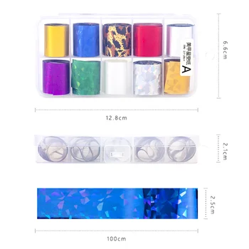 10 rolek 2.5x100 cm holograficzny Nail Art Transfer Foil Sticker Starry Paper AB Wraps klej naklejki do paznokci, biżuteria, akcesoria