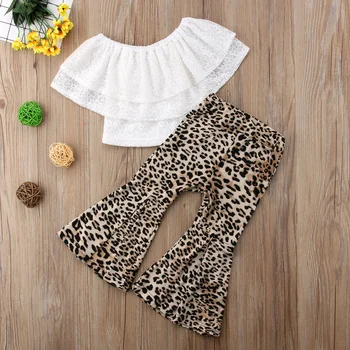 2018 Fashion Kids Baby Girl Clothes Leopard grain Lace Top+Leopard Migocze spodnie klosz zestaw ubrań
