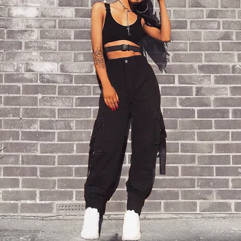 2018 Nowa Jesień Kieszenie Klamra Spodnie Stałe Czarne Spodnie Cargo Kobieta Punk Hip-Hop Mobile Панталон Capri Femme Temat Spodnie