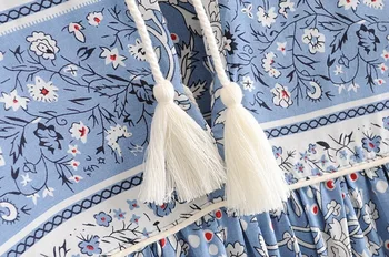 2019 Czech koronka V-neck niebieski biały kwiatowy print sukienka Lato etniczne kobieta z długim rękawem pędzelkiem do połowy łydki długie suknie wakacje