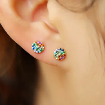 2019 Fine 925 sterling silver dainty delicate round charm small dots multi color gold round rainbow cz stud earring for women