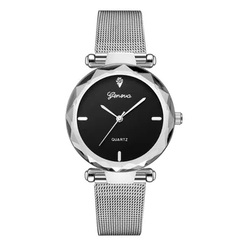 2019 nowa moda Geneva zegarek damski siatkowy pasek ze stali nierdzewnej zegarek analogowy Quartz proste damskie złote luksusowe zegarki damskie