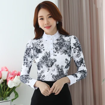 2019 wiosna nowa moda elegancki koreański szyfonowa koszula z długim rękawem, nadruk koronkowa bluzka cienka odzież damska top 883A 25