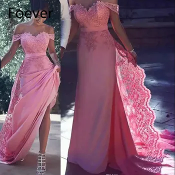 2020 Długie Suknie Wieczorowe Z Otwartymi Ramionami Z Koronki Kwiecisty Suknie Ślubne Dla Gości Tylna Zamek Sąd Pociąg Różowe Sukienki Na Studniówkę