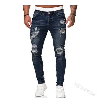 2020 Jesienna Moda Dla Mężczyzn Podarte Cienkie Lokomotywa Jeans Niebieski Klasyczny Ołówek Spodnie Wieczorne Randki Denim Odzież Dla Mężczyzn