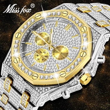 2020 MISSFOX męski zegarek luksusowej marki Ice Out Diamond zegarek kwarcowy mężczyźni chronograf mężczyzna stal nierdzewna Relojes Hombre data zegar