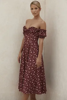 2020 Print Dress damska nowa, seksowna, Potargane Off-Shoulder Split kwiat sukienka damska Casual Party And Calf Dress Vestidos
