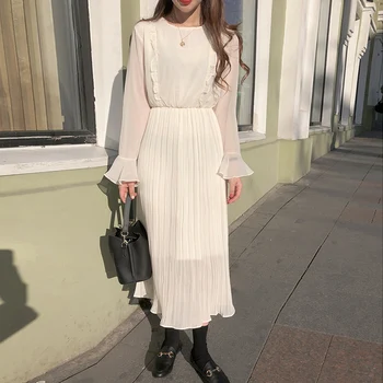 2020 Wiosna Jesień Podstawowe Sukienki Długie Kobiety Moda Flare Rękawem Japoński Koreański Styl Projekt Data Dziewczyny Beżowy Potargane Sukienka Różowy