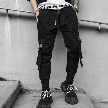 2020 Wiosna hip-hop джоггеры mężczyźni czarne spodnie multi-kieszonkowe taśmy Męskie sportowe spodnie meble odzież casual spodnie męskie M-3XL