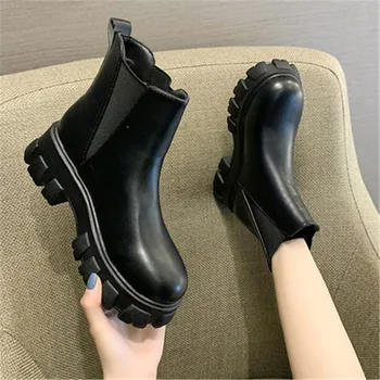 2020 jesienna moda skóra Chelsea boots damskie skórzane botki dla kobiet grube obcasy botki kobieta toe buty kobieta