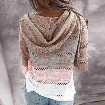 2020 nowy sweter z kapturem Jesień Zima V szyi patchwork sweter z kapturem rękaw casual top moda długi 1 szt. sweter z dzianiny W R3A6
