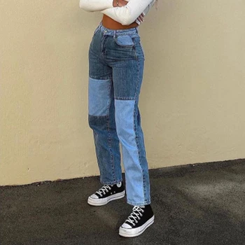 2020 vintage dżinsy z wysokim stanem kobiety moda casual Patchwork kolor bloku proste, cienkie spodnie jeans denim spodnie Vaqueros Mujer