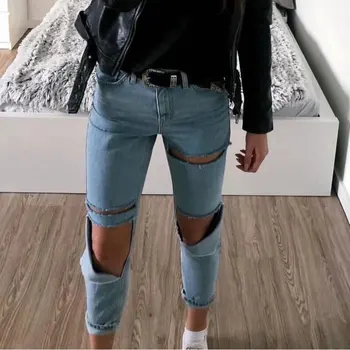 2020 wiosna i lato Wysoka Talia temat proste dżinsy damskie jeansowe spodnie z dziurami do kolan wypłukane uliczne podarte dżinsy dla kobiet