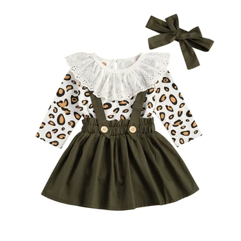 2021 0-3Y Toddler Baby Girl Clothing Spring Infant Leopard Printed Lace Crew Romper+pasek spódnica+muszka opaska 3 szt. Zestaw