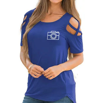 2021 Nowa Moda Kamera Druku Bluzki Koszula Kobiety Femme Z Krótkim Rękawem Z Ramienia Kobieta Koszulka Przycięte Kawaii Kyliejenner Rock