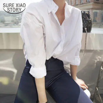 2021 Wiosna Korea style kobiety stałe skręcić w dół kołnierz biała koszula rękaw nietoperz przycisk w górę długa bluzka Feminina temat Blusa nowy