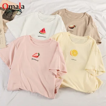 2021 lato z krótkim rękawem, szyi luźny t-shirt koreański kawaii owoce drukowany t-shirt kobiety harajuku girls t-shirt różowy biały topy