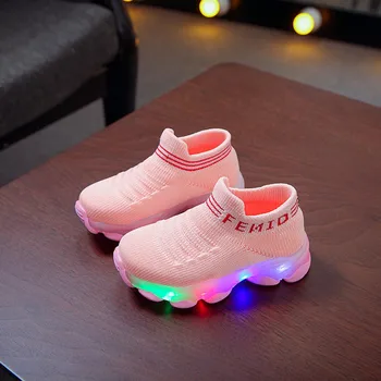 40# dziecięce buty dla Dzieci dziewczyny chłopcy litery latające tkane siatki oddychające led świecące buty do biegania oświetlenie obuwie