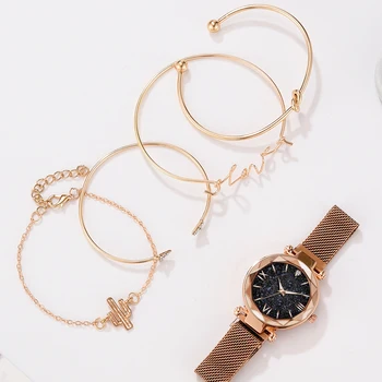5 szt. Komplet luksusowej marki różowe złoto gwiaździste niebo dial zegarek kobiet panie Kryształ bransoletka zegarek Kwarcowy Relogio Feminino