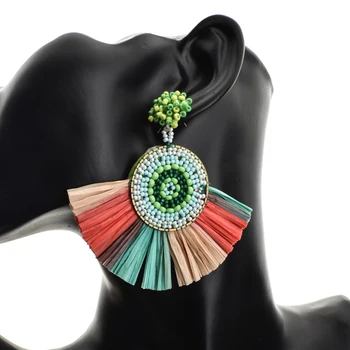 6 par/lot Boho Big Raffia kitki kolczyki OverSize kolorowe kolczyki drop dla kobiet moda etniczne biżuteria