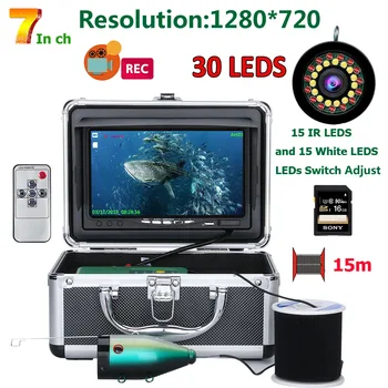 7inch15m/30m wędkarska kamera 16GB Recoding DVR Fish Finder podwodna kamera HD1280*720 Screen15pcs White LED+15szt lampa na podczerwień