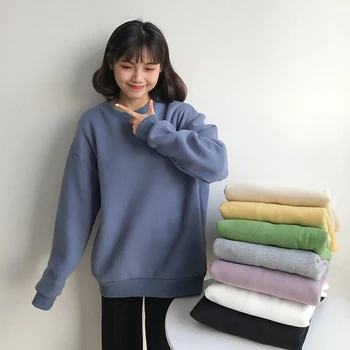 8 kolorów jesień 2019 schludny styl Damskie bluzy jednolity kolor podstawowy długi rękaw gruba bluza damska swetry ( F3841)