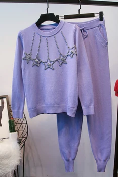 ALPHALMODA nowy styl kryształowe gwiazdy ciężkie ręcznie robione swetry + spodnie Damskie 2 szt. modne dresy drutach 2 szt. spodnie zestawy