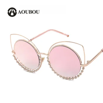 AOUBOU Brand Luxury Cat Eye okulary diamenty lustro okulary przeciwsłoneczne dla kobiet stal nierdzewna różowy poliwęglan Gafas Sol 7108