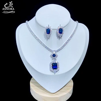 ASNORA nowy genialny sześciennych Cyrkon Ślubne kolczyki naszyjnik zestaw biżuterii niebieski zestaw biżuterii sukienka akcesoria X0825
