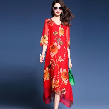 AYUNSUE 2020 Fashion Robe Femme Bohemian Summer Floral Dress Women V-neck casual temat etniczne nadruki jedwabne sukienki Vestidos WXF645