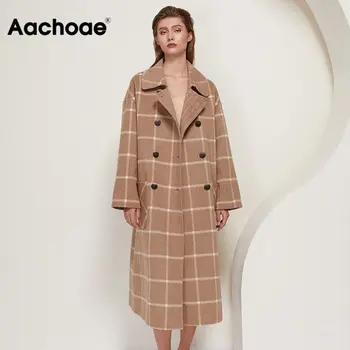 Aachoae Zimowa Moda W Kratę Długi Płaszcz Kobiety 2020 Nietoperz Z Długim Rękawem Eleganckie Kieszenie Płaszcz Na Co Dzień Двубортная Odzież Wierzchnia