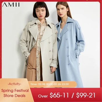 Amii minimalizm Jesień Zima przyczynowy trencz damski moda stałe klapa podwójna Bresated damska wiatrówka 12040353
