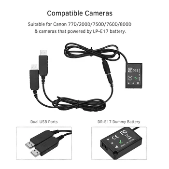 Andoer Dual USB Power Adapter DC Coupler Replacement DR-E17 Dummy Battery Pack do aparatów Canon 77D/200D/750/760D/800D