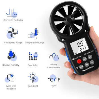 Anemometr HoldPeak HP-866B-WM miernik prędkości wiatru czujnik cyfrowy filiżanki Anemometro 30 m/s LCD ręczne narzędzia pomiarowe wilgotności powietrza