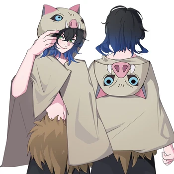 Anime Zabójca Demonów Kimetsu no Yaiba cosplay kostiumy Hashibira Inosuke płaszcz świnia z kapturem przycisku płaszcz фланелевая Szal