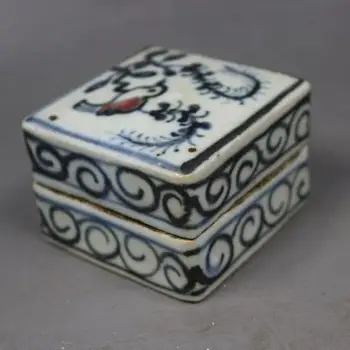 Antyki, porcelana, biały i niebieski, подглазурный, czerwone kwiaty i ptaki, kwadratowa płytka drukowana ceramika pudełko