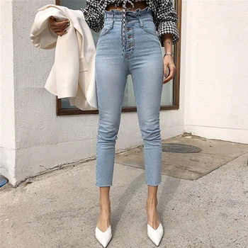 BGTEEVER meble ubrania z wysokim stanem, z falbankami damskie spodnie jeansowe однобортные damskie obcisłe dżinsy 2020 damskie jeansowe spodnie skinny