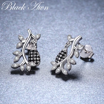 [BLACK AWN] mody biżuteria ze srebra próby 925 Czarny spinel obrączki kolczyki dla kobiet kwiat Bijoux I012