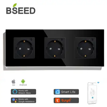 BSEED EU Wifi potrójna naścienna gniazdo Kryształowy szklany panel gniazdo elektryczne 3 kolory biały czarny złoty praca z Tuya Smart Life