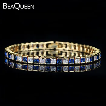 BeaQueen Dubai żółty kolor złoty kwadrat niebieski i biały cyrkonia Kryształ Tenis bransoletka biżuteria akcesoria dla kobiet B038