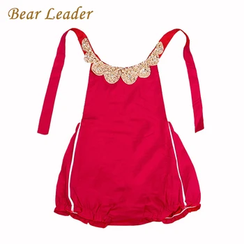 Bear Leader Baby Pajacyki 2021 nowy styl lato bawełna Perła kołnierz czerwony zestaw ubrań dla dziewczynek 60-95 cm Party Kids kombinezon
