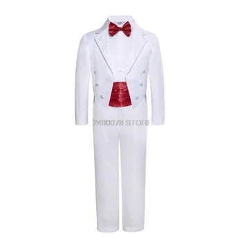 Biały kwiat chłopcy formalny smoking fortepian świąteczny garnitur dzieci Urodziny ślubny garnitur marynarka +kamizelka+koszula+spodnie+krawat zestaw ubrań