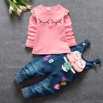 BibiCola baby girls zestawy ubrań wiosna jesień noworodek bawełna t-shirt+ogrodniczki jeansowe spodnie 2 szt. dresy dla bebe girls kostiumy