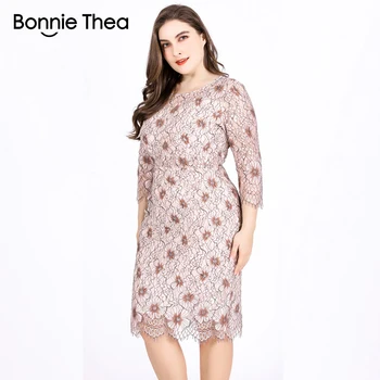 Bonnie thea Women ' s Autumn Large Size Lace Print Dress Sexy Slim Pencil Big size Party Dress